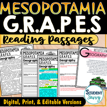Preview of Mesopotamia GRAPES Activities Reading Passages Geography Economy Religion Poster