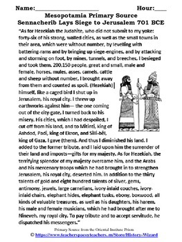 Mesopotamia Primary Source Worksheet: Sennacherib Lays Siege to Jerusalem