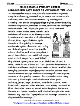 Preview of Mesopotamia Primary Source Worksheet: Sennacherib Lays Siege to Jerusalem