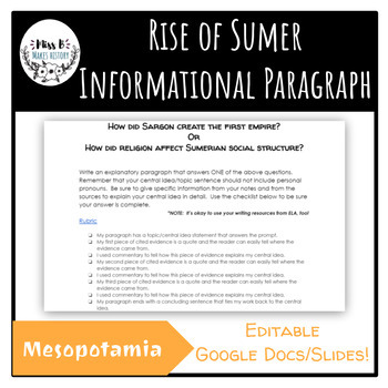 Preview of Mesopotamia, Rise of Sumer, Explanatory/Informational Paragraph Prompt