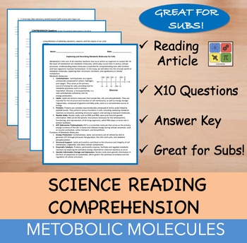 Preview of Metabolic Molecules for Cells - Reading Passage and x 10 Questions (EDITABLE)