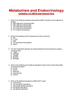 Preview of Metabolism and Endocrinology| Contains 131 Highly Tested MCQ and Answer Key