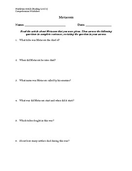 Preview of Metacom Article (Reading Level 2) Comprehension Worksheet