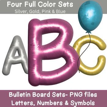 Preview of Metallic Balloon Bulletin Board Sets: 4 Full Sets of Blue, Pink, Gold & Silver