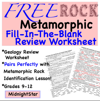 Preview of Metamorphic Rock Fill-In-The-Blank Worksheet: Geology Review