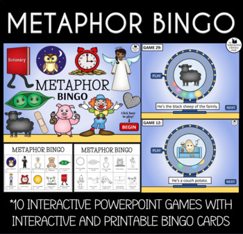 Preview of Metaphor PowerPoint Games - Bingo games with examples of metaphors in sentences