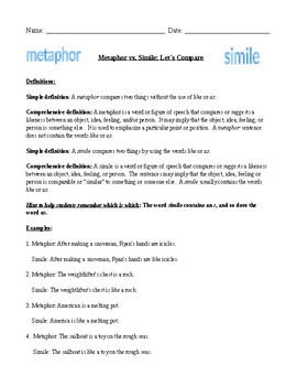 Preview of Similes and Metaphors: Handout and Worksheet