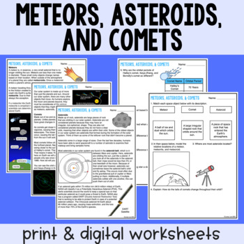 Preview of Meteors, Asteroids, and Comets - Reading Comprehension Worksheets