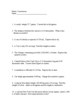 Preview of Metric Conversion Worksheet (Word problems)