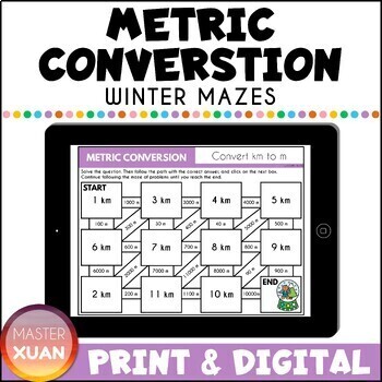 Preview of Metric Conversions Practice Winter Mazes Boom Cards & Printable