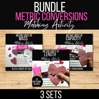 Preview of Metric Conversions Valentines Heart Matching Activity BUNDLE- 4th & 5th