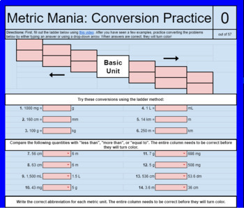 Preview of Metric Mania: Metric Conversion Practice *SELF GRADING* google sheet