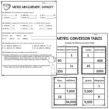 metric measurements worksheets length mass capacity conversion tables