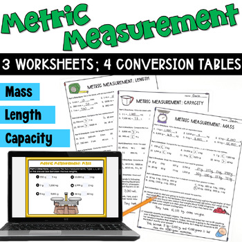 Preview of Metric Measurement Worksheets:  Length, Mass, Capacity, & Conversion Tables