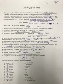 Preview of Metric System Exam Answer Key page 1
