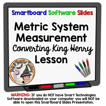 Preview of Metric System Measurement Converting SMARTBOARD Slides Lesson King Henry