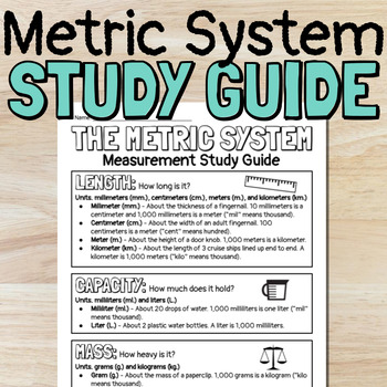 Preview of FREE Metric System Measurement Study Guide for Length, Capacity, and Mass