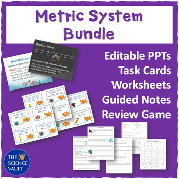 Preview of Metric System Notes Worksheets Task Cards and Review Game Bundle