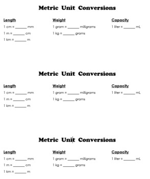 Preview of Metric Unit Conversions- Journal Notes (3 per page)