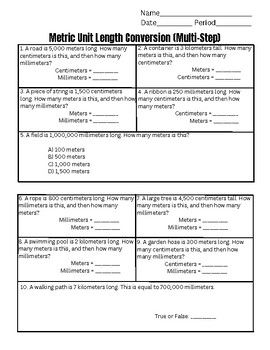Preview of Metric Unit Length Conversion (Multi-Step) Worksheet