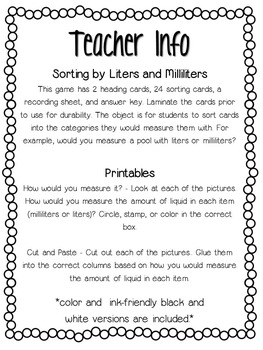 Metric Volume - Milliliter and Liter Sort by Reading Royalty | TPT