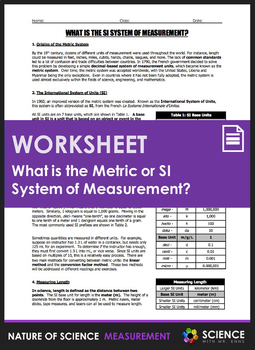 Preview of Metric or SI System of Measurement Worksheet with Reading and Review Questions