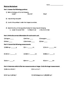 Metrics Conversions Review Worksheet by LSMscience | TPT