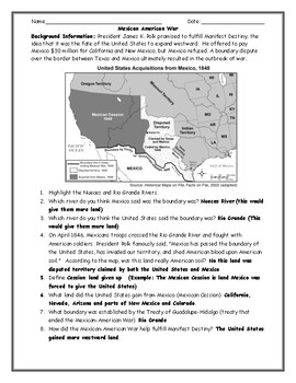 Mexican American War/ Mexican Cession Map Worksheet with Answer Key