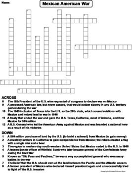 Mexican American War Worksheet/ Crossword Puzzle by Science Spot