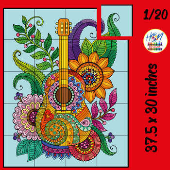 Preview of Mexican Guitar and Flowers Mandala Collaborative Poster Art Coloring pages Craft
