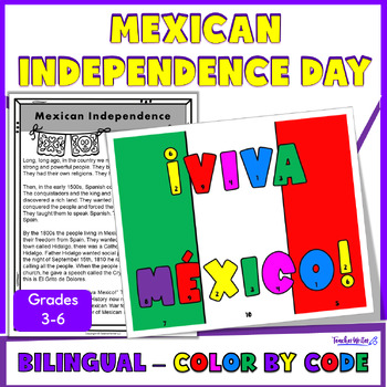 Preview of Mexican Independence Day Activity Bilingual Reading Comprehension Color by Code