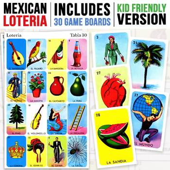 Preview of Mexican Loteria | Kid Friendly | 30 Game Cards Included