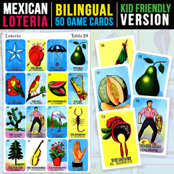 Preview of Mexican Loteria for Kids | BILINGUAL VERSION | 50 Game Cards Included