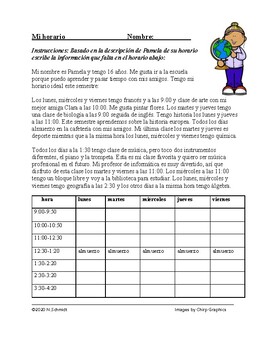 Preview of Spanish School Subjects Reading: Mi horario Lectura de las Materias / Clases