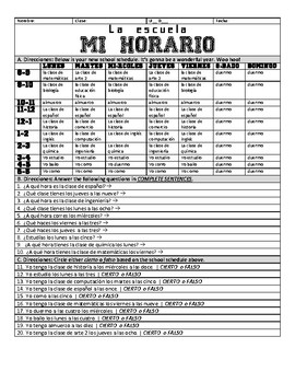 Preview of Mi horario / School Schedule Practice: Spanish Novice Reading