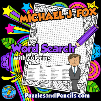 Preview of Michael J. Fox Word Search Puzzle Activity and Coloring | Famous Canadians