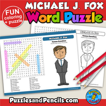 Preview of Michael J. Fox Word Search Puzzle and Coloring Activity | Famous Canadians