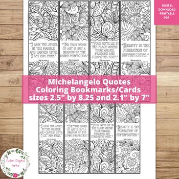 Preview of Michelangelo Art Quotes Coloring Bookmarks, Relaxing Doodle Craft Art History