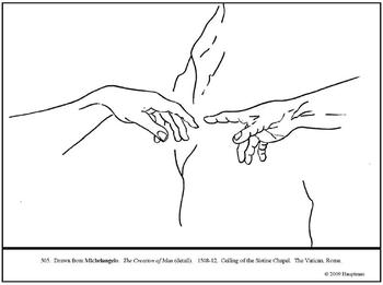 Preview of Michelangelo. The Creation of Man. Coloring page and lesson plan ideas