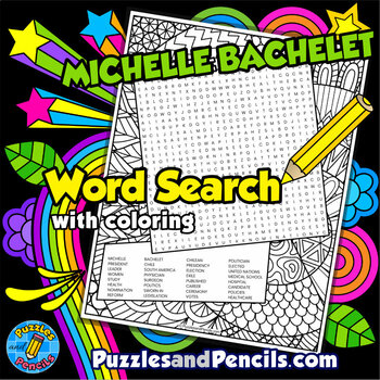 Preview of Michelle Bachelet Word Search Puzzle with Coloring | Hispanic Women in History