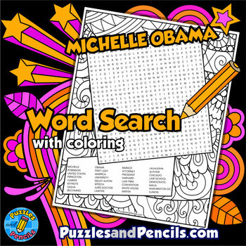 Preview of Michelle Obama Word Search Puzzle with Coloring | Black History Month Wordsearch