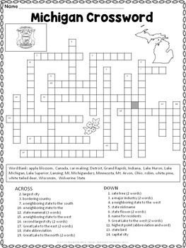 Michigan Crossword Puzzle by Ann Fausnight Teachers Pay Teachers