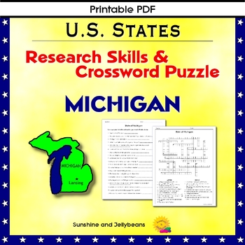 Preview of Michigan - Research Skills & Crossword Puzzle - U.S. States Geography Activity