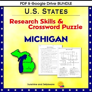 Preview of Michigan - Research Skills & Crossword- U.S. States Geography- PDF/Google BUNDLE