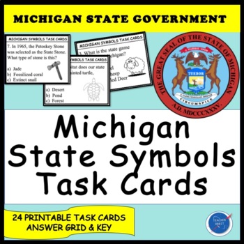 Preview of Michigan State Symbols Task Cards (State Government Social Studies Activity)