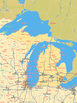 Preview of Michigan map with cities township counties rivers roads labeled