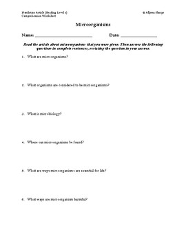 Preview of Microorganism Article (Reading Level 2) Comprehension Worksheet