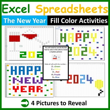 Preview of Excel Spreadsheets Happy New Year 2024 Mystery Pictures Fill Color (Pixel Art)