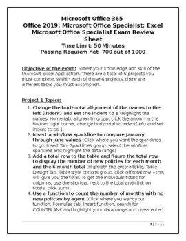 Preview of Microsoft Office 365 Excel 2019 MOS Exam Review Sheet with Topics