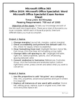 Preview of Microsoft Office 365 Word 2019 MOS Exam Review Sheet with Topics